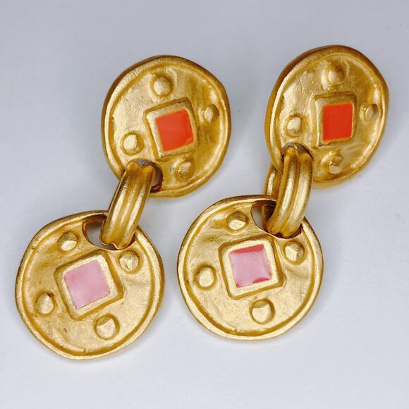 VTG Dangle Earrings Double Disc 1980s 1990s Gold Tone - Picture 13 of 15